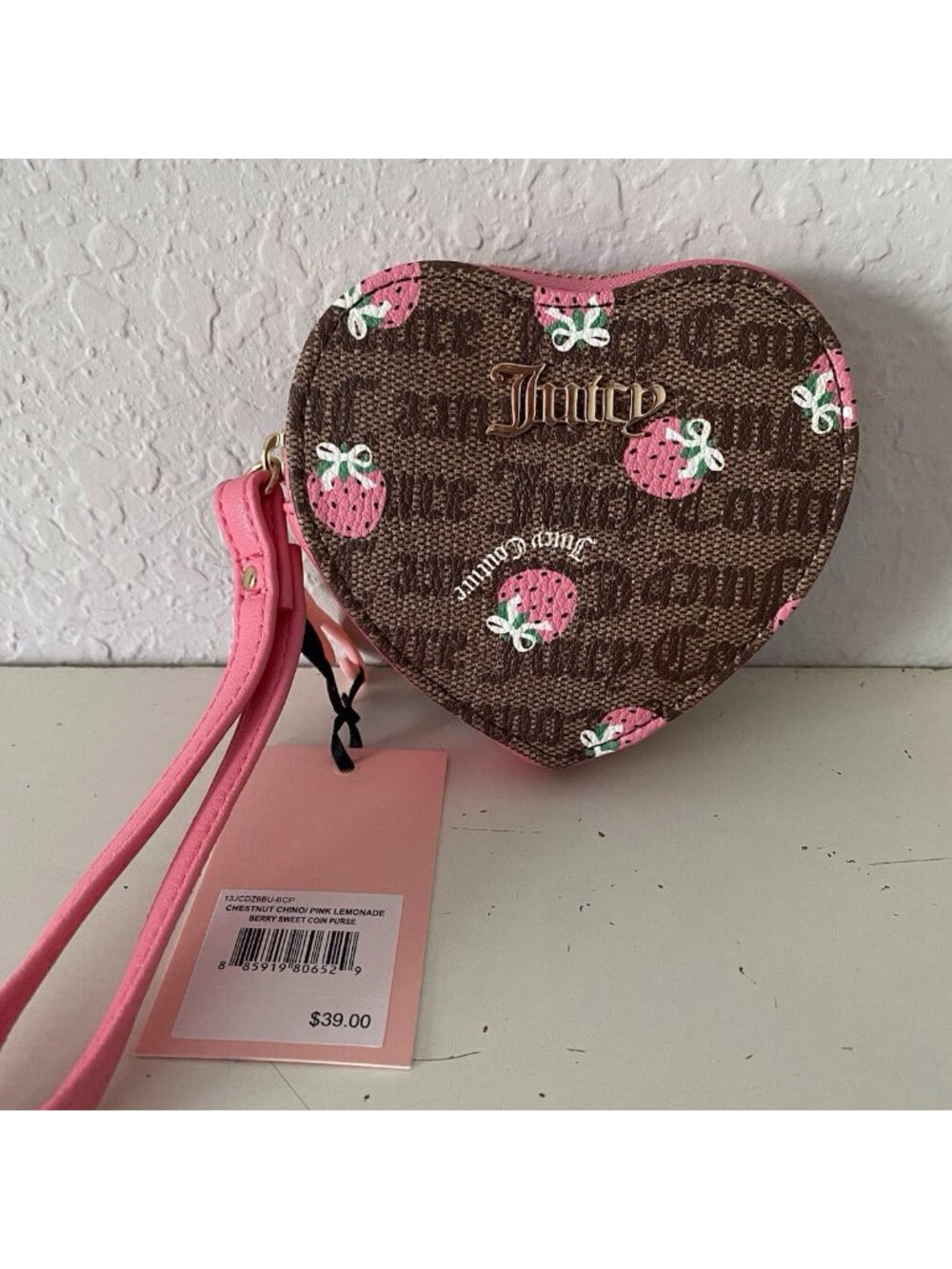 Juicy Couture Berry Sweet Coin Purse Wristlet Chestnut Chino Pink Lemonade NEW